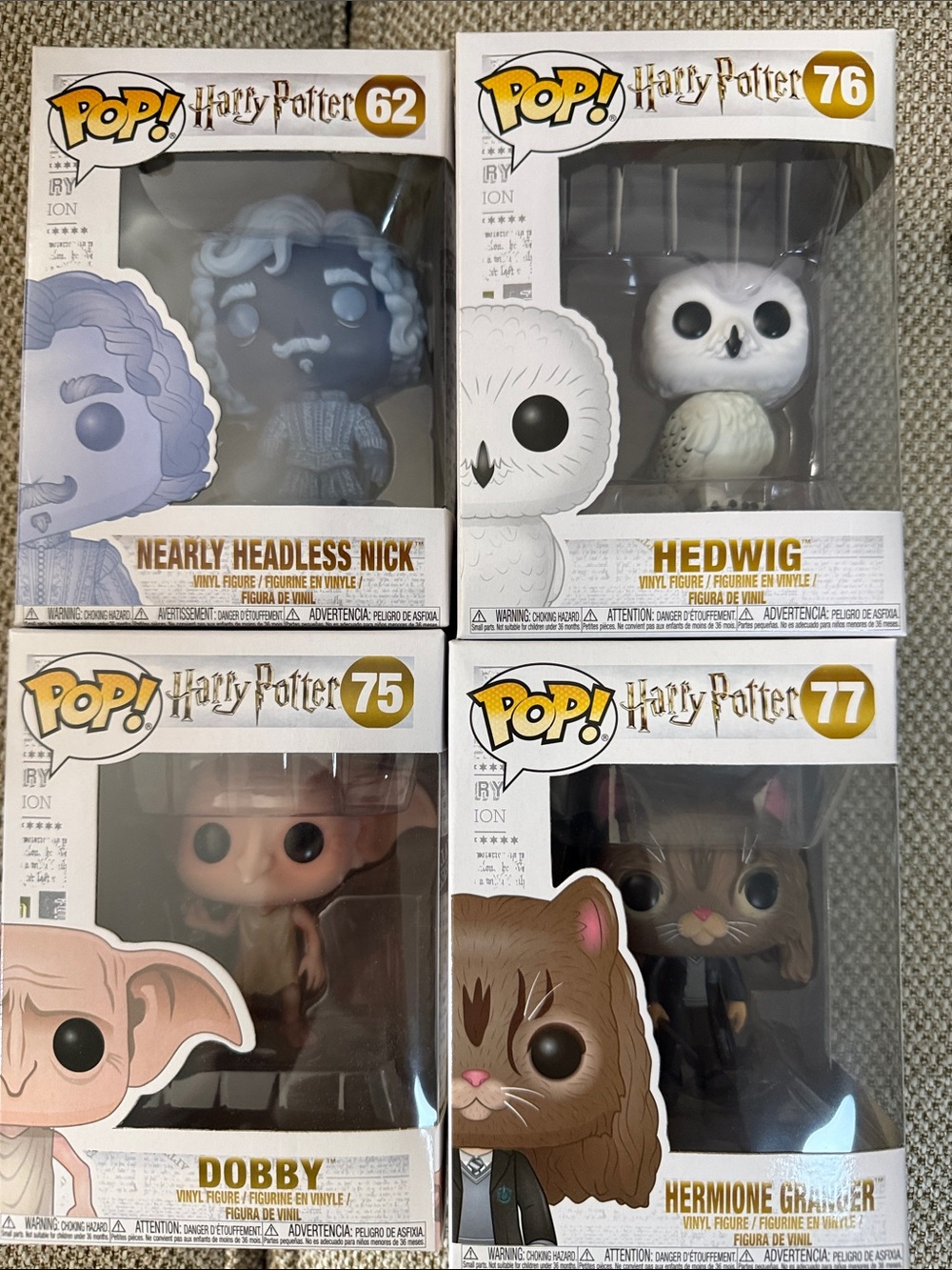 Harry Potter Funko’s — Dobby #75, Hermione Granger #77, Hedwig #76, Nick #62